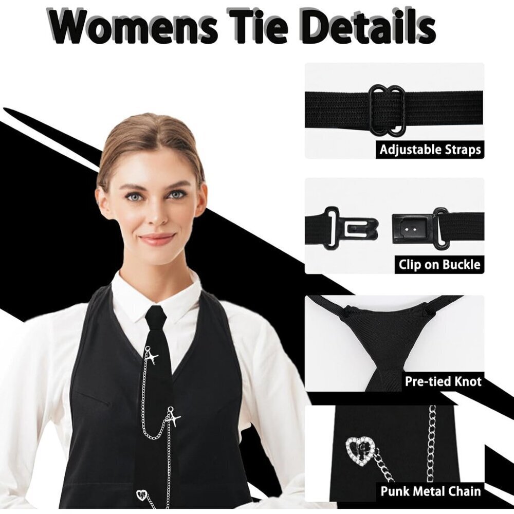 Women’s Pre-Tied Black Polyester Punk Chain Tie Accessory for School and Parties - Picture 3 of 6
